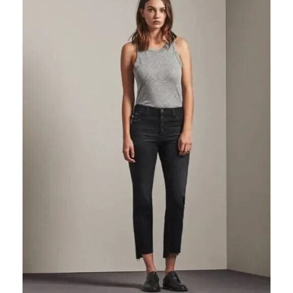 AG THE ISABELLE BUTTON-UP High Rise Straight Crop Jeans Raw Uneven Hems Black 27 - Picture 2 of 11